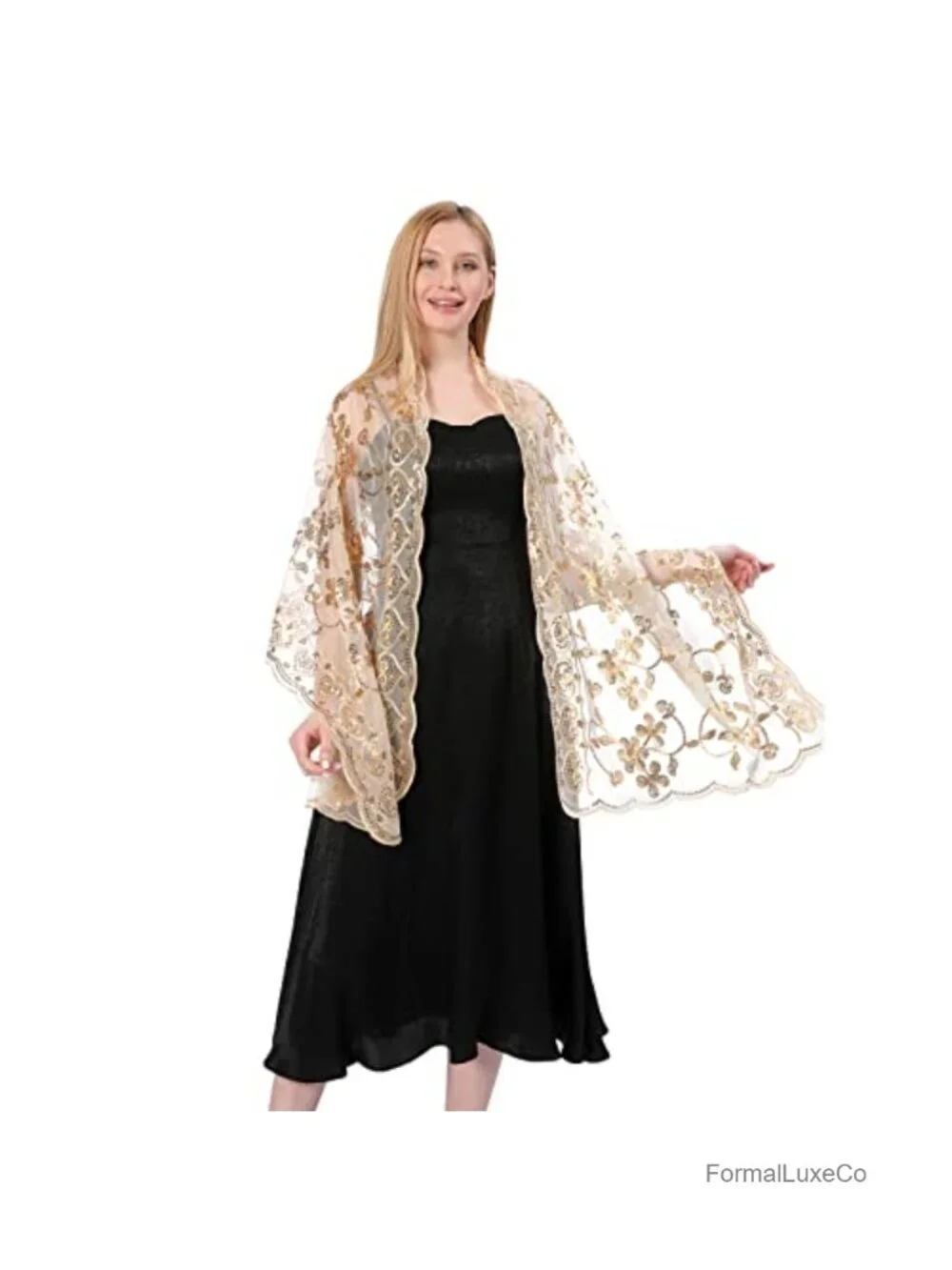 1920s Sequin Flower Sheer Chiffon Shawl Wrap Evening Dress Scarf